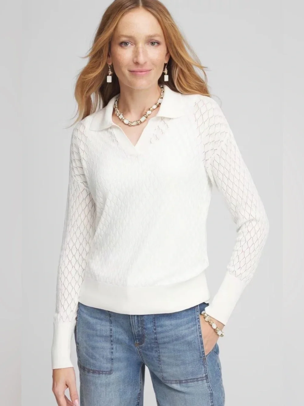 Chico’s White Pointelle Collared V-Neck Pullover Sweater Size 1 Medium M